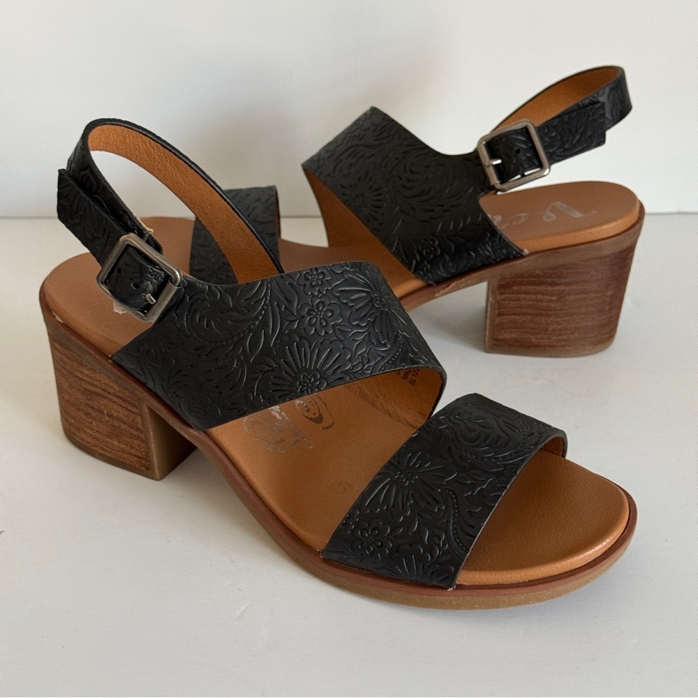 Very G Zarina Women’s Black Tooled Leather Block Heel Sandals Size 10